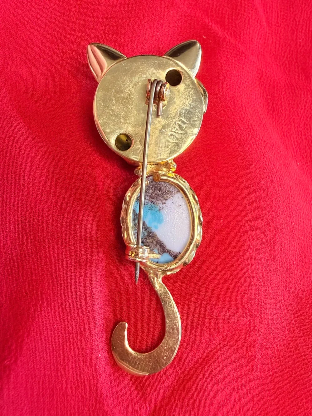 VTG Gold Tone Kitty Cat Jelly Belly Faux Turquoise Coral Pin Brooch Italy Rare